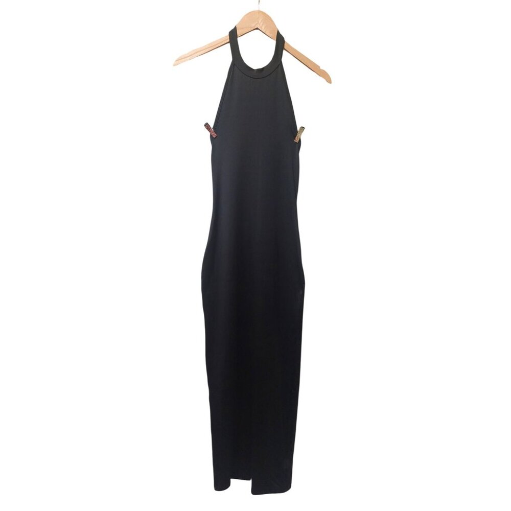 NWT Commense Black Halter Neck Midi Dress With Back Cutout & Slit~Stretchy~SMALL